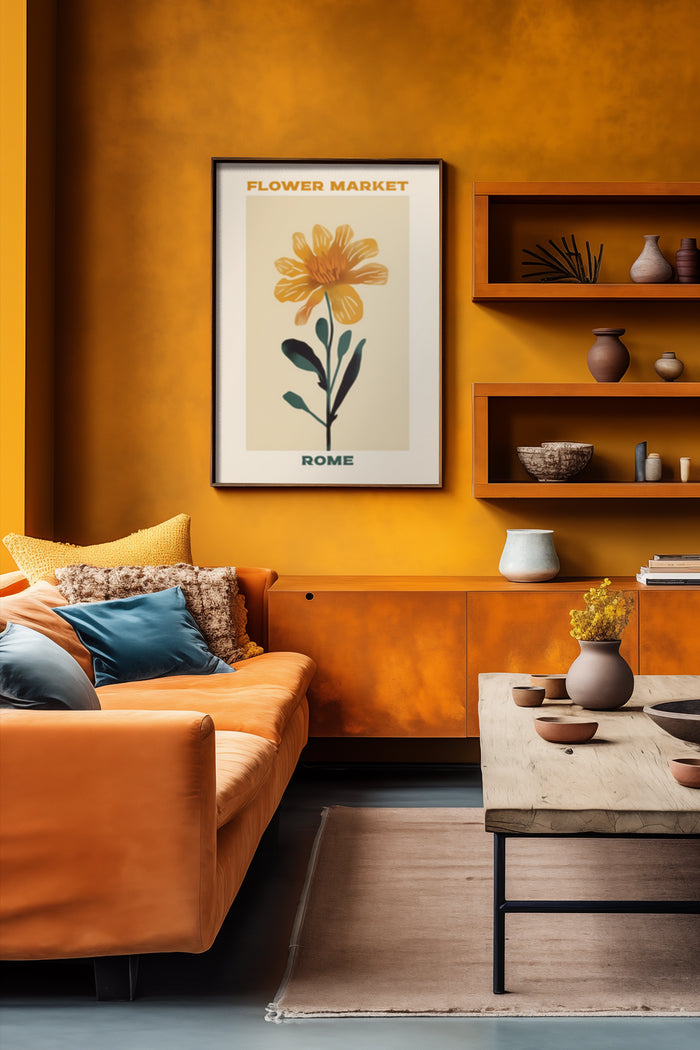 Stylish Rome Flower Market poster framed on a yellow wall above an orange couch in a modern living room setting