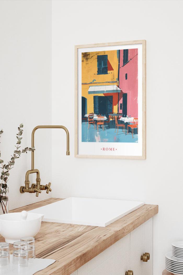 Vintage Rome travel poster featuring cafe scene, with stylish gold faucet and wooden countertop in modern kitchen decor