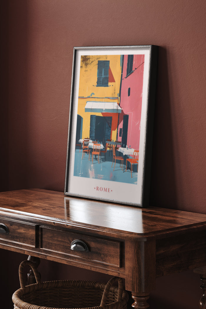 Framed vintage Rome travel poster with artistic rendering of a quaint street cafe scene