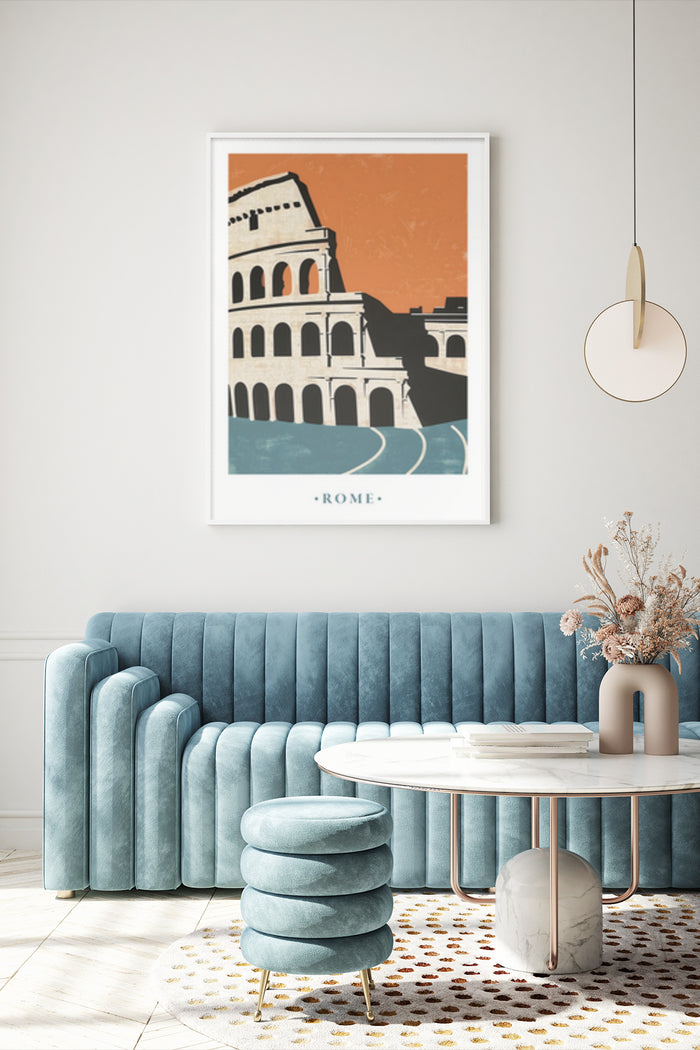 Vintage Rome Travel Poster with Colosseum Illustration in Stylish Interior