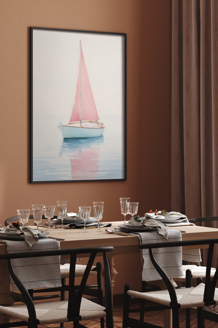 Elegant dining room interior with sailing boat painting on wall