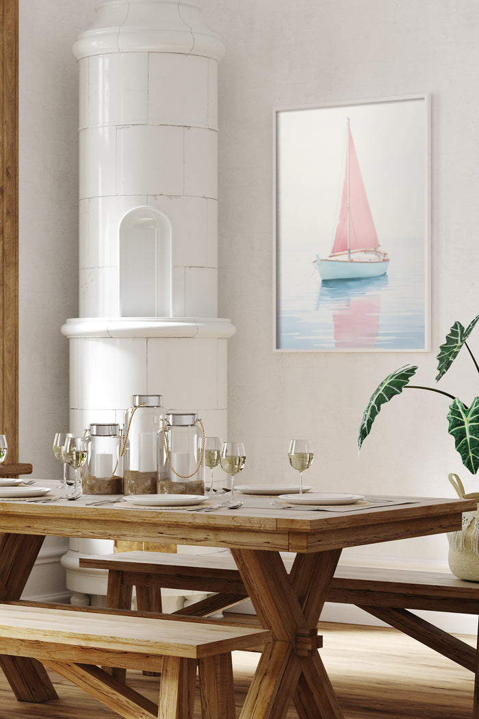 Elegant dining room interior with a sailing boat poster featuring pink sails on serene ocean