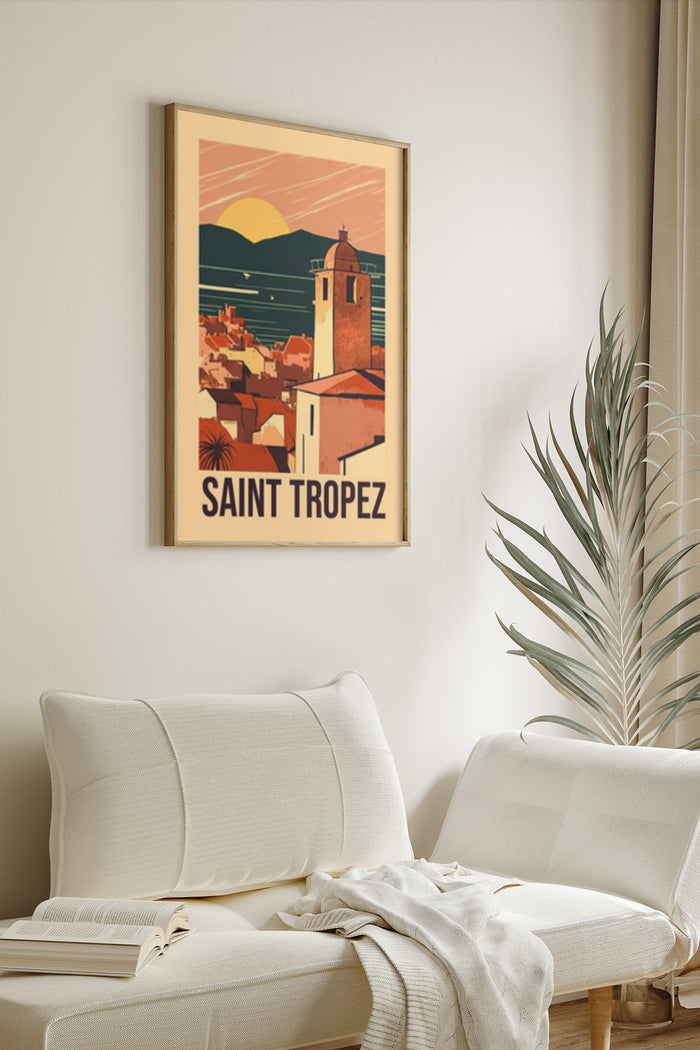 Vintage Saint Tropez Travel Poster Artwork in Modern Living Room
