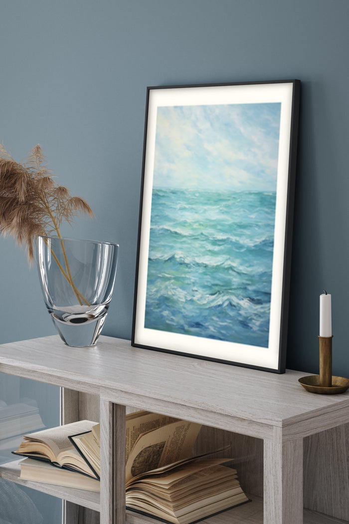 Framed seascape painting poster of ocean waves on a wall display