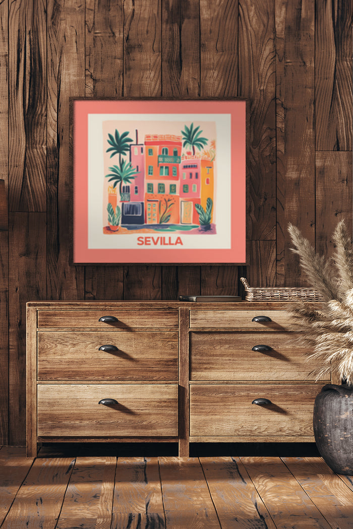 Vibrant Sevilla poster showcasing stylized buildings and palm trees hung above wooden drawers