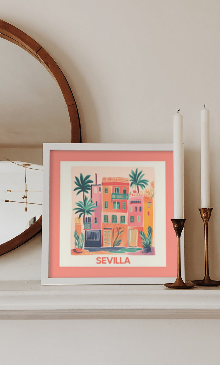 Illustrated travel poster of Sevilla with colorful building and palm trees displayed in a home interior