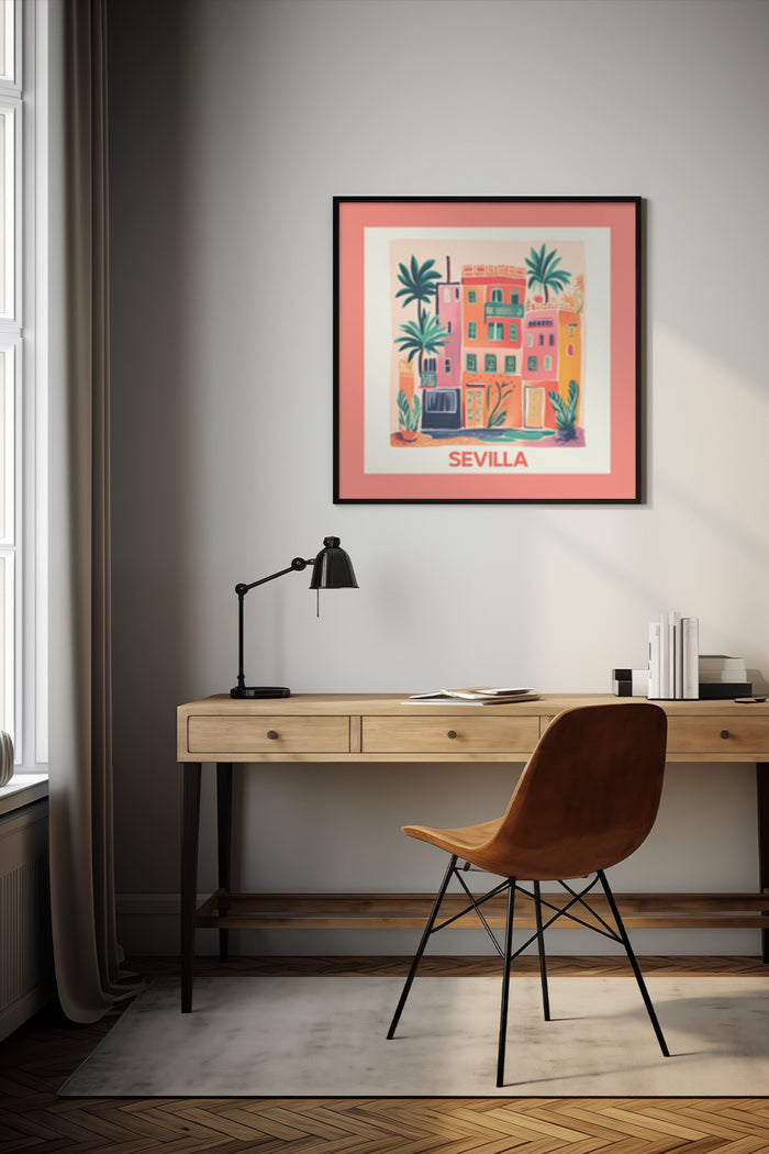 Sevilla travel poster with vibrant illustration of historic buildings and palm trees, displayed in a modern interior