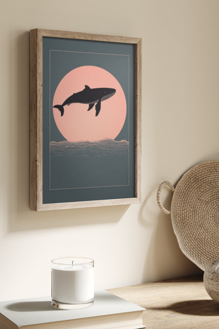 Minimalist shark silhouette against a sunset backdrop ocean poster in wooden frame