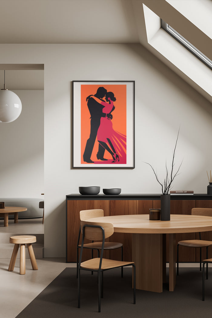 Modern art poster of a silhouette couple dancing in an elegant interior setting
