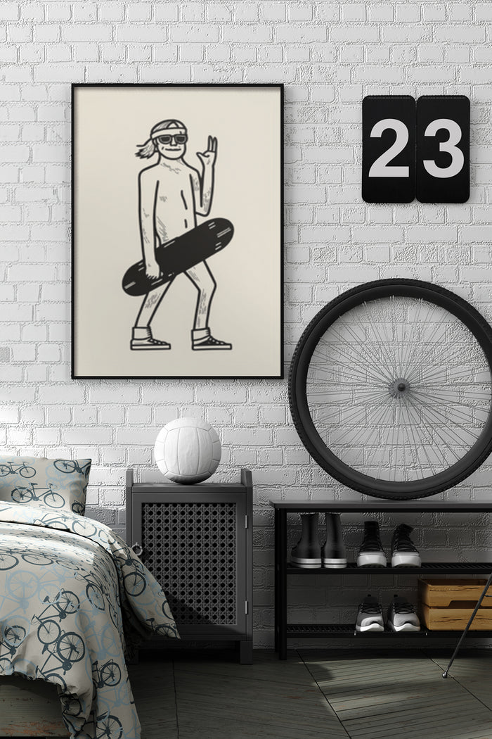 Illustrated Skateboarder Making Peace Sign Wall Art Poster in Modern Bedroom Setting