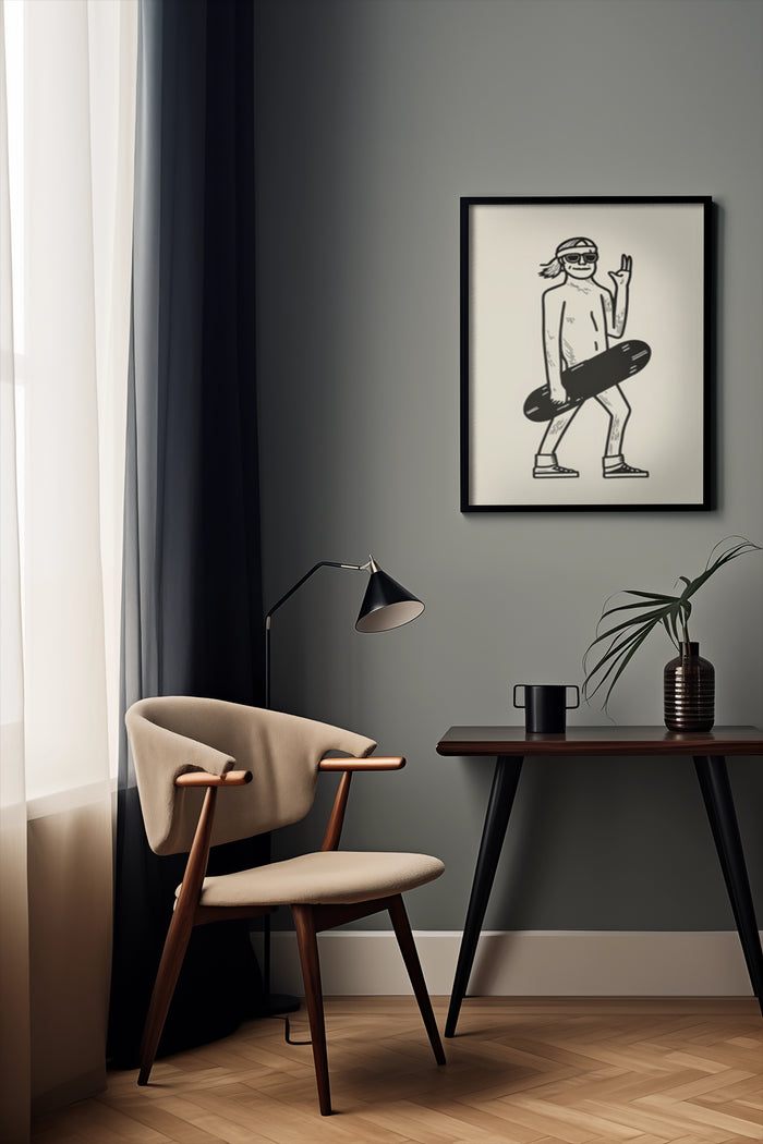 Black framed skater artwork in a stylish minimalist living room setting