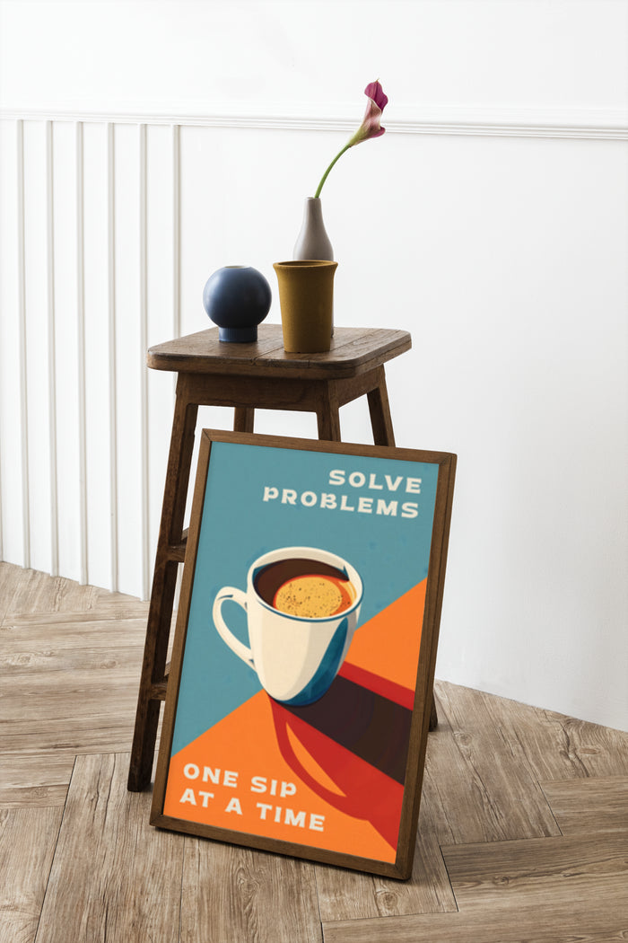 Inspirational coffee cup poster artwork with text 'Solve Problems One Sip at a Time' on display
