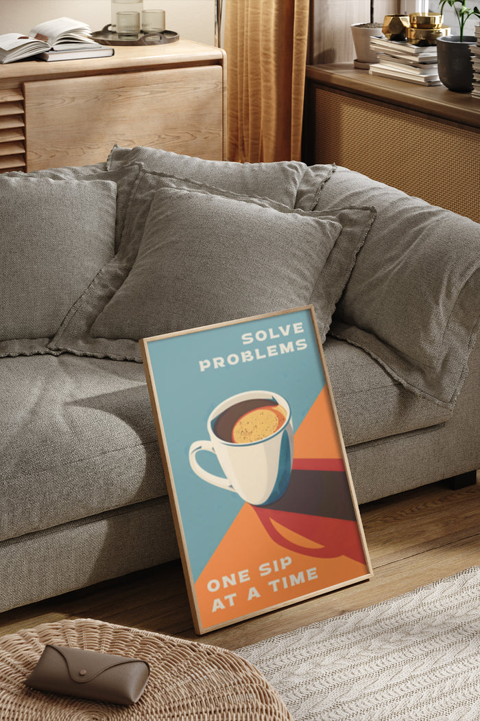 Inspirational coffee cup poster with text 'Solve Problems One Sip at a Time' in a cozy living room setting