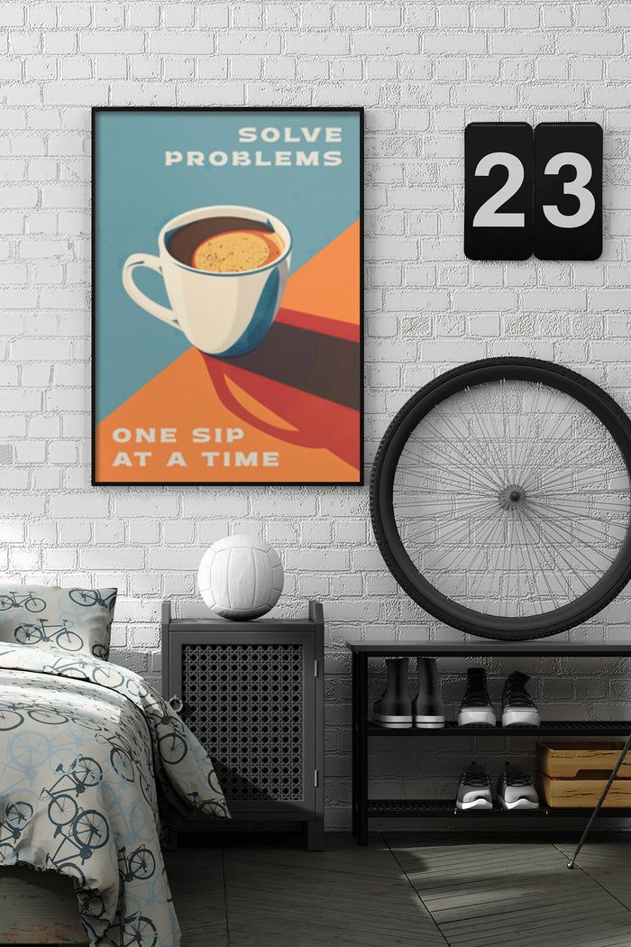Inspirational coffee poster with 'Solve Problems One Sip at a Time' text in a modern bedroom setting
