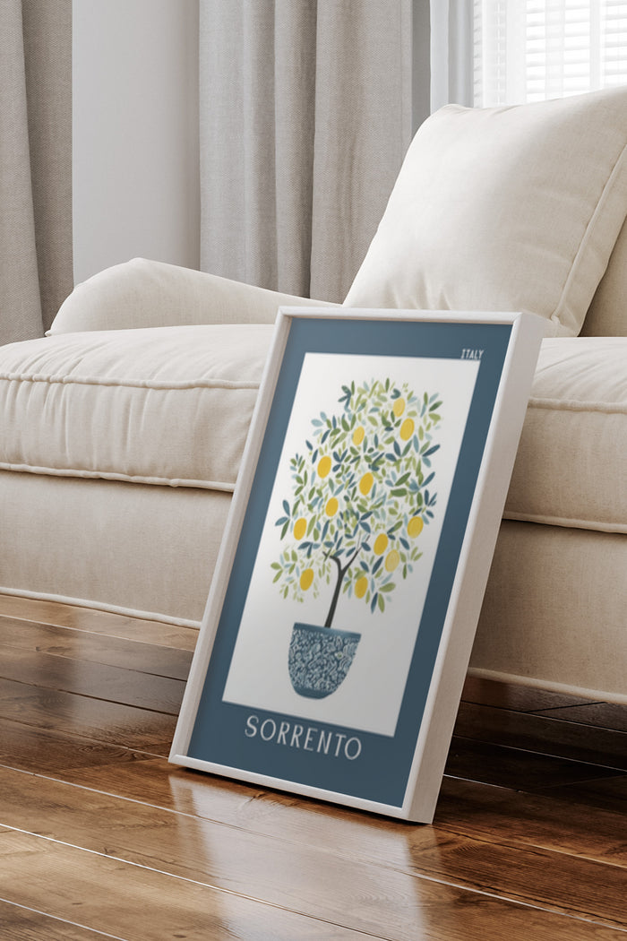 Sorrento Italy lemon tree art poster standing in a modern living room