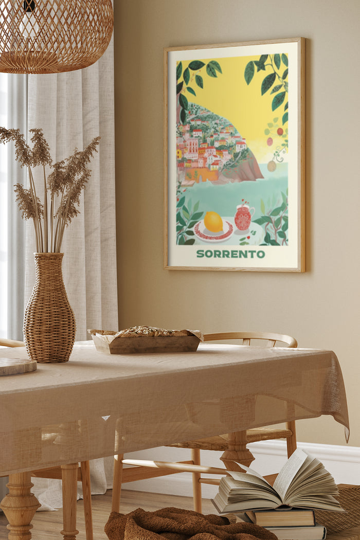 Sorrento Italy vintage travel poster with vibrant colors depicting coastal town and lemon motif