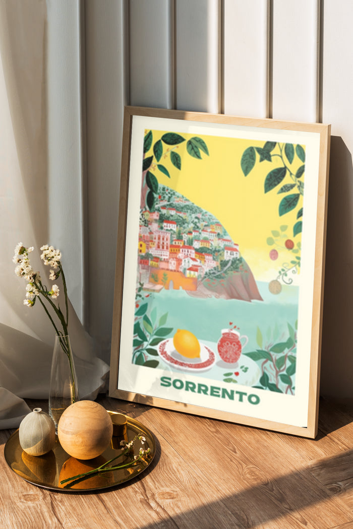 Vintage Sorrento Italy Travel Artwork Poster with Lemon and Seaside View Displayed in Home Interior