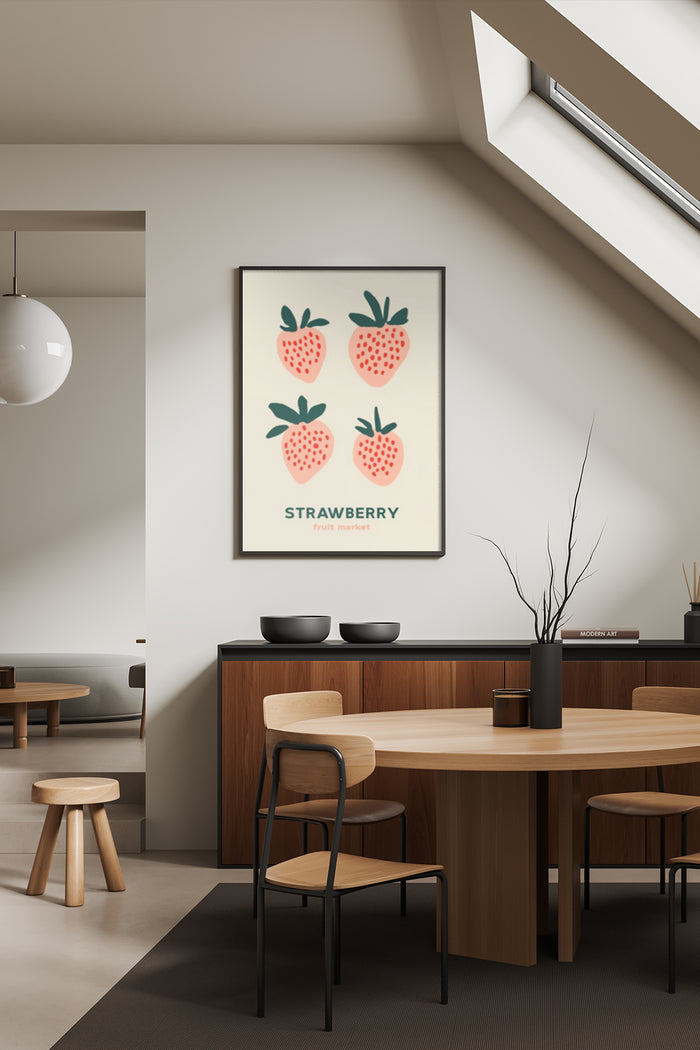 Minimalist strawberry poster from fruit market collection displayed in contemporary dining room interior