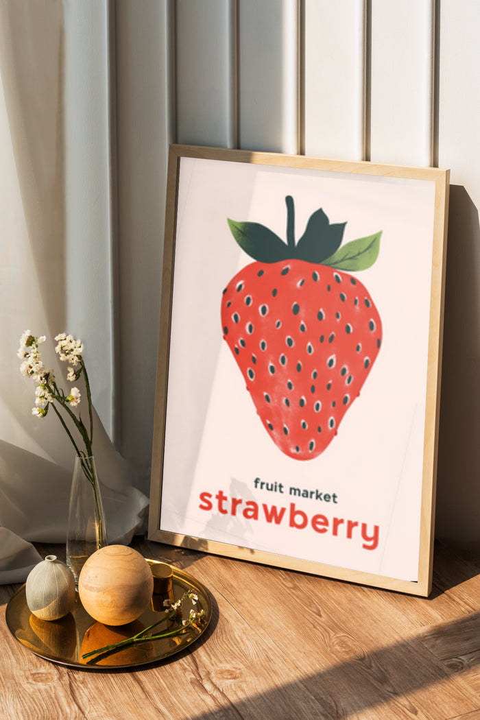 Stylish strawberry poster in frame advertising fruit market, with home decor