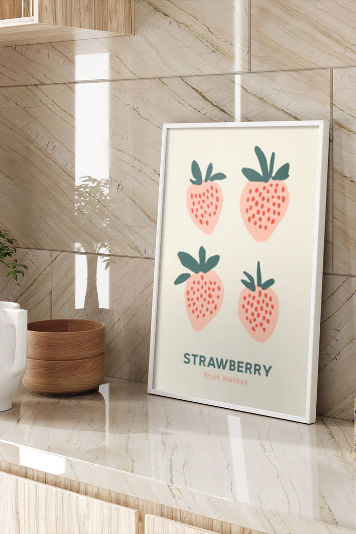 Minimalist strawberry poster art for fruit market advertisement displayed in an interior setting