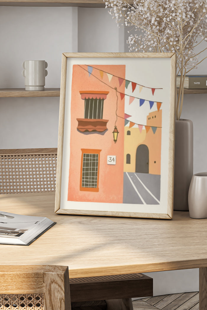 Colorful street scene illustration in poster frame on modern home interior shelf