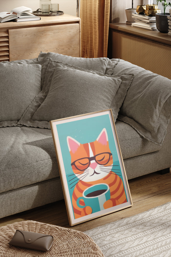 Illustrated poster of a striped orange cat wearing glasses and drinking coffee in a modern living room