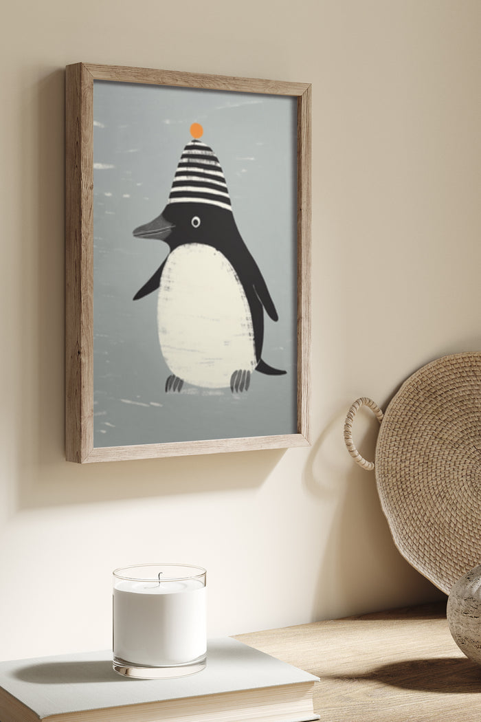 Minimalist penguin illustration with striped hat in a wooden frame on the wall next to a decorative candle and woven basket