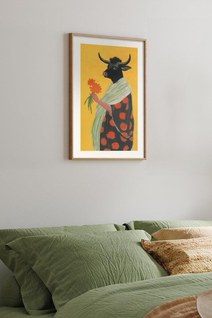Chic wall art featuring a bull character holding a flower on yellow background in a trendy bedroom setting