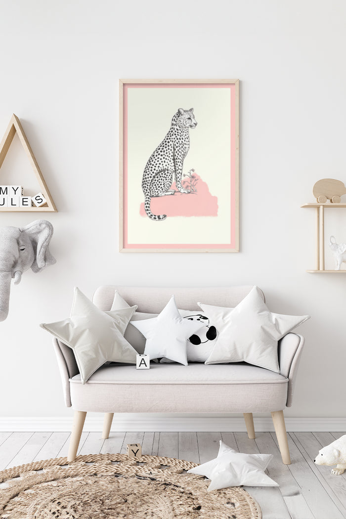 Minimalist cheetah illustration art poster framed on a wall above a Scandinavian style sofa with pillows