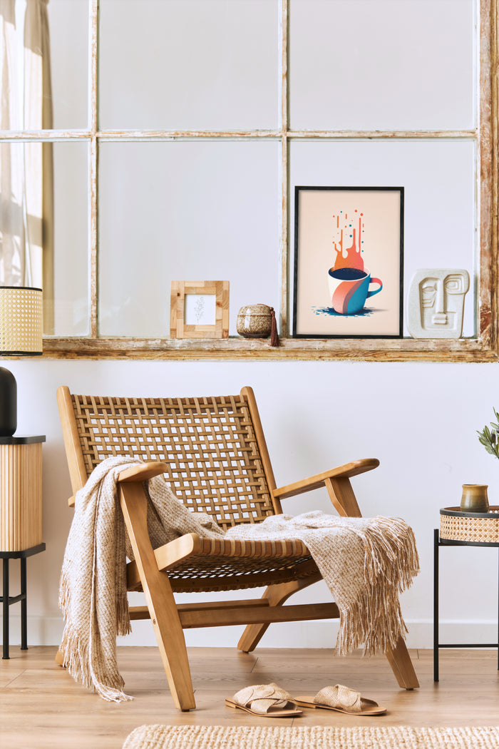 Modern interior design with stylish coffee cup art poster, cozy wooden armchair, and textured throw blanket
