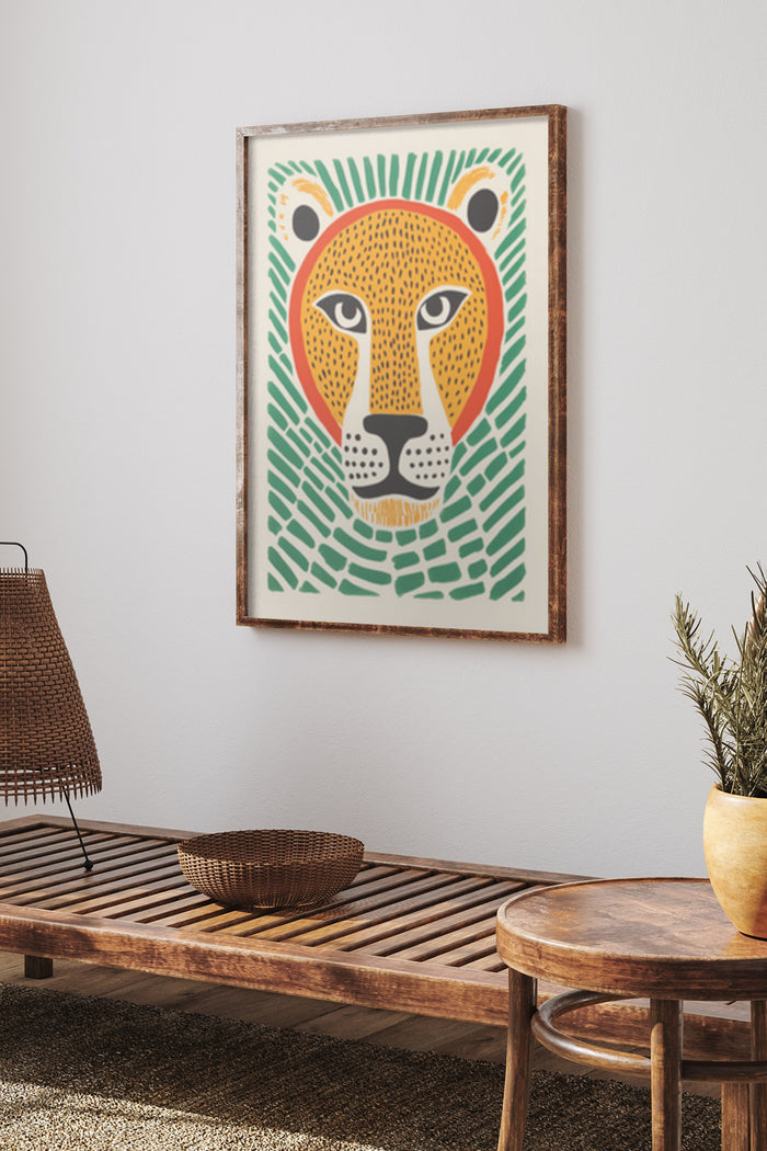 Stylized lion illustration art poster framed on a wall in a contemporary room setting