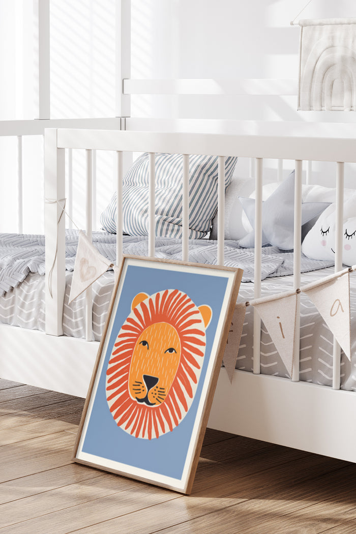 Stylish cartoon lion illustration poster in a modern children's bedroom setting