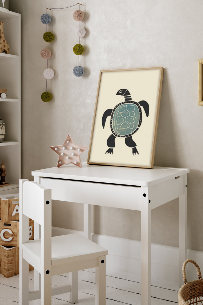 Contemporary turtle illustration poster in a chic children's room setting