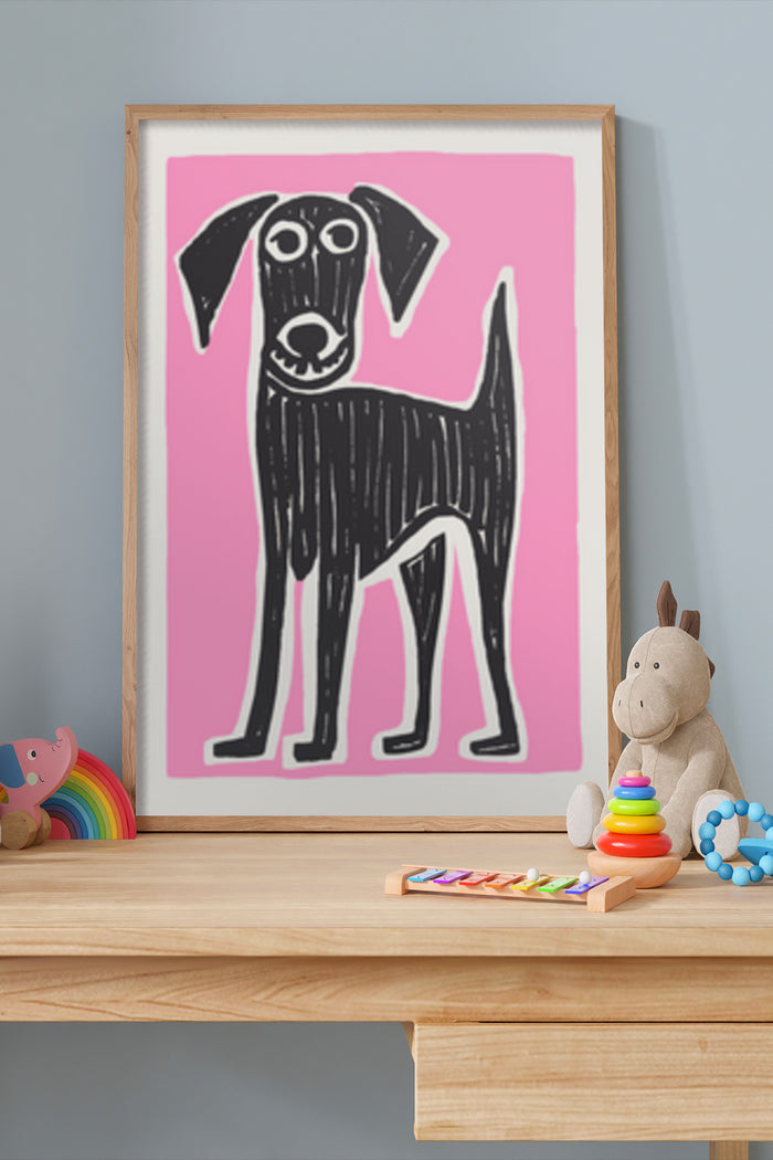 Stylized black dog illustration on pink background framed poster in a kids room
