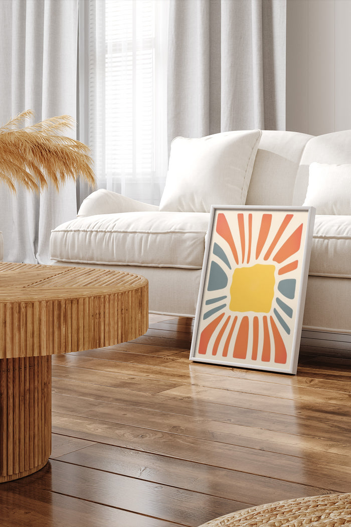 Sunburst abstract art poster in modern living room interior setting