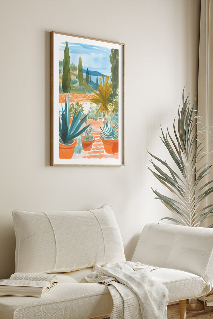 Sunny Mediterranean landscape painting in a cozy room interior with potted plants
