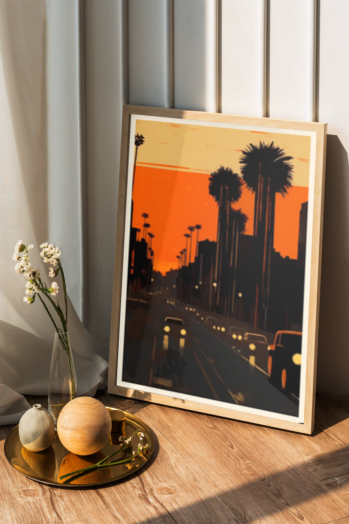 Vintage sunset and palm trees street scene artwork poster leaning against wall with decorative vase and tray
