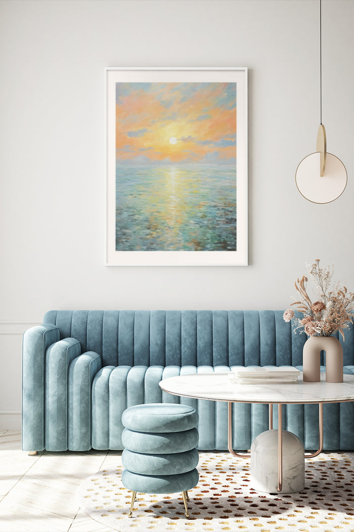 Colorful sunset over water painting in modern living room decor