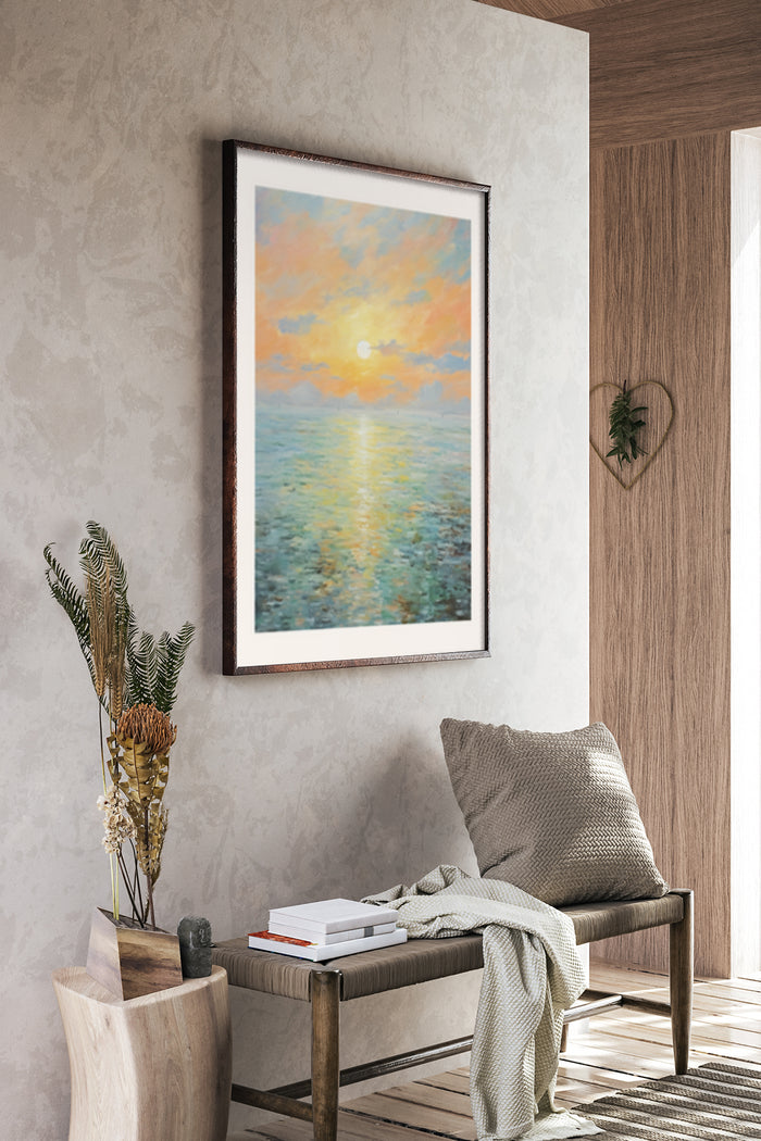 Sunset Seascape Painting in Contemporary Interior Design, Wall Art Poster Display