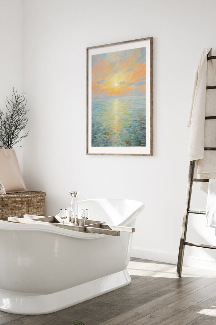 Impressionist sunset seascape poster framed on a clean bathroom wall above a freestanding bathtub