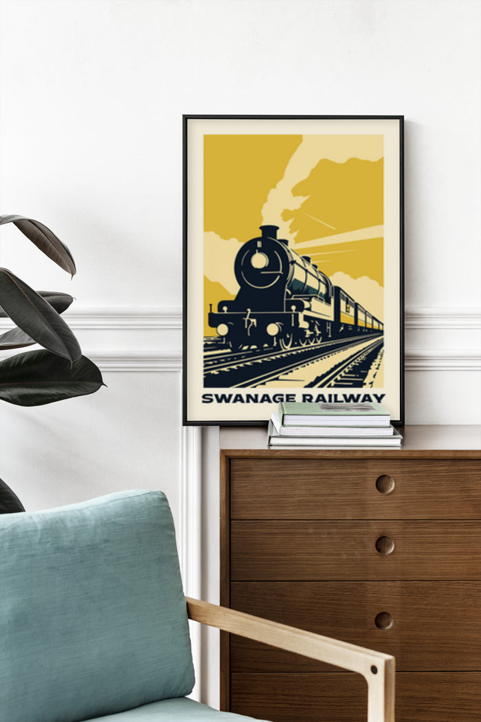 Swanage Railway vintage travel poster with steam train and yellow background in framed display