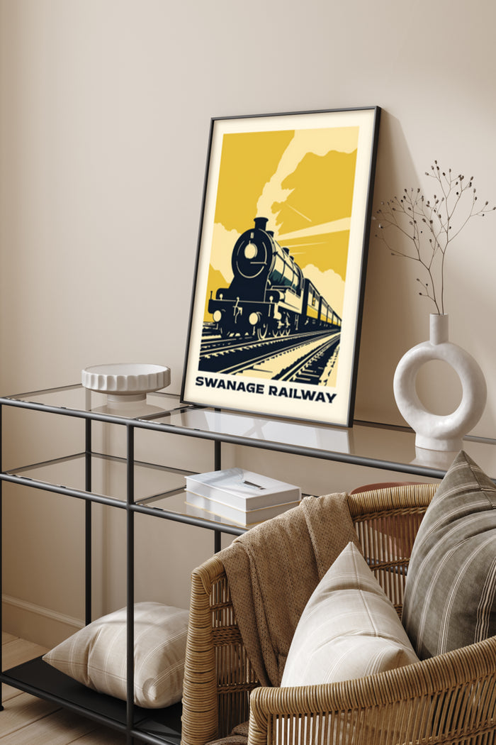 Swanage Railway vintage train themed poster in stylish home decor setting