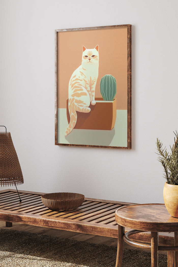 Stylized illustration of a tabby cat sitting beside a cactus in a modern home decor setting