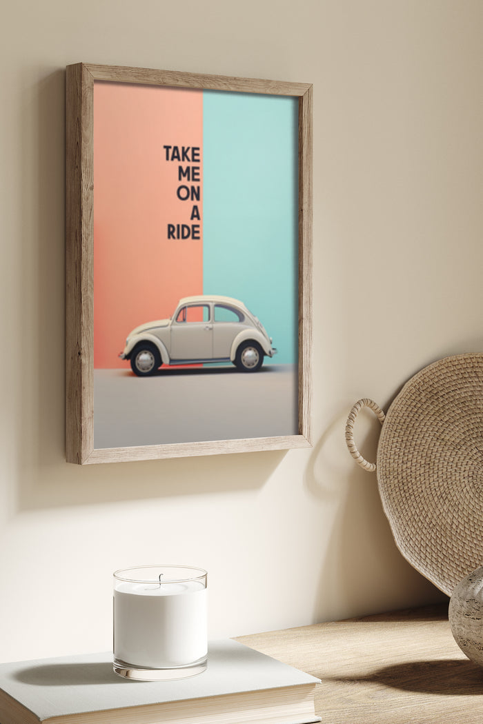 Vintage 'Take Me On A Ride' car poster in wooden frame
