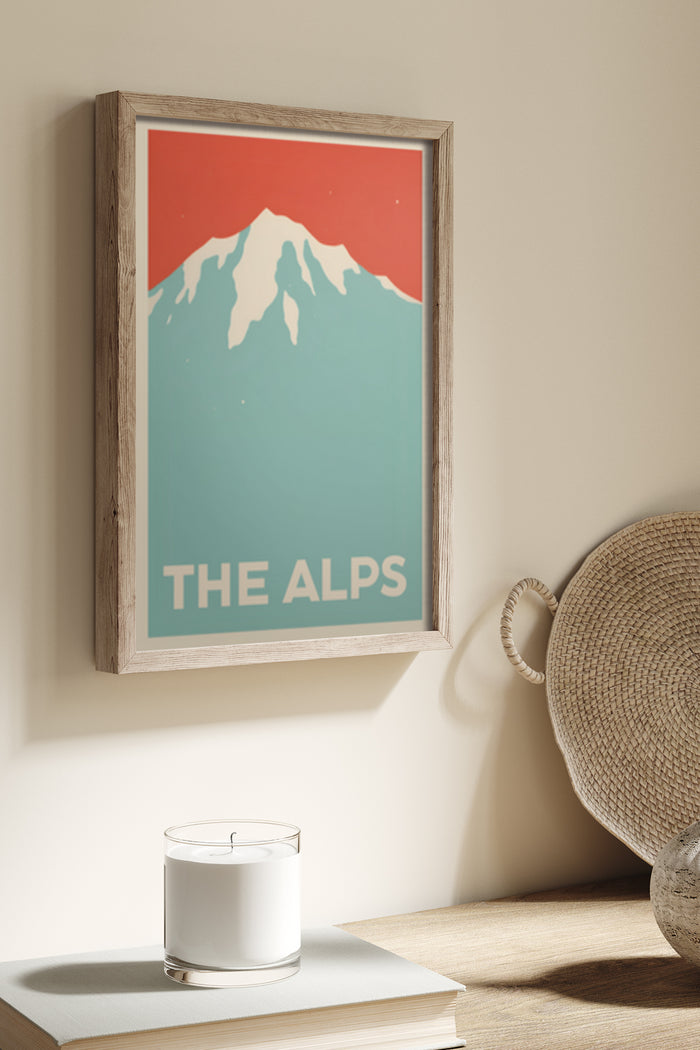 Vintage style travel poster of The Alps framed on wall