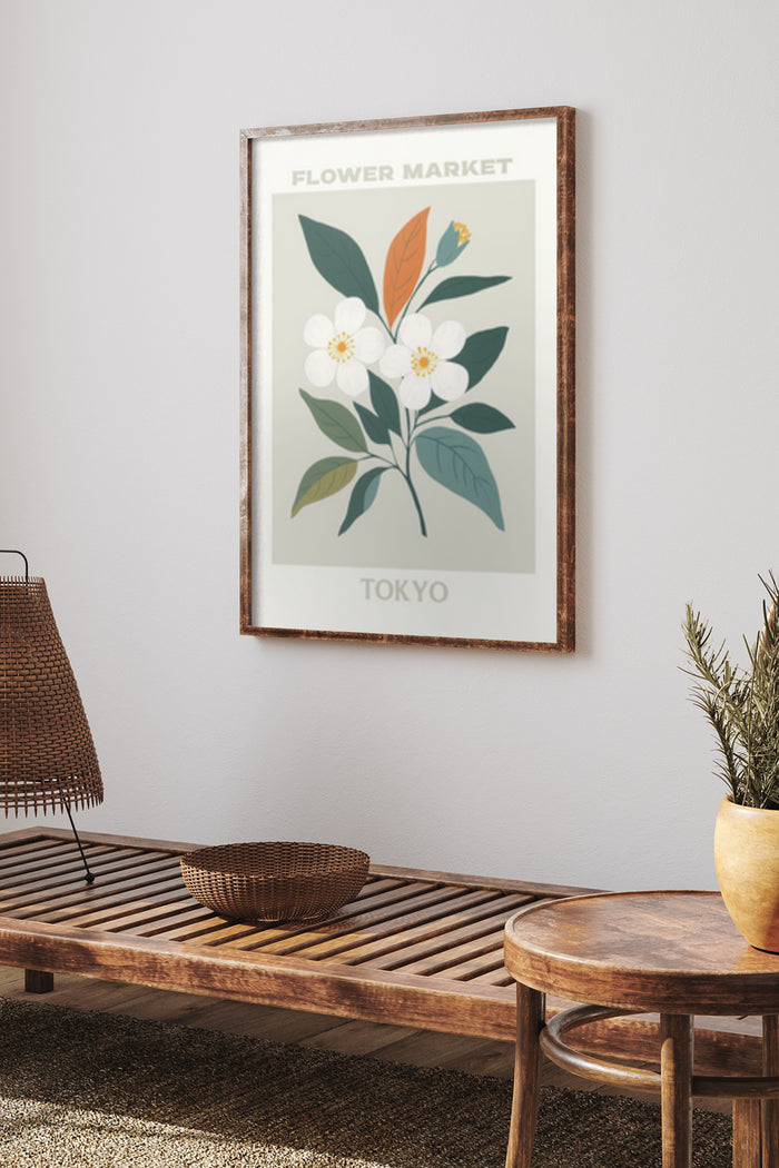 Stylish Tokyo Flower Market poster with a botanical illustration in a modern interior setting