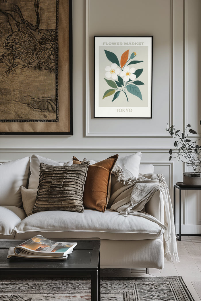 Elegant interior design with Tokyo Flower Market artwork, stylish couch pillows, and contemporary coffee table