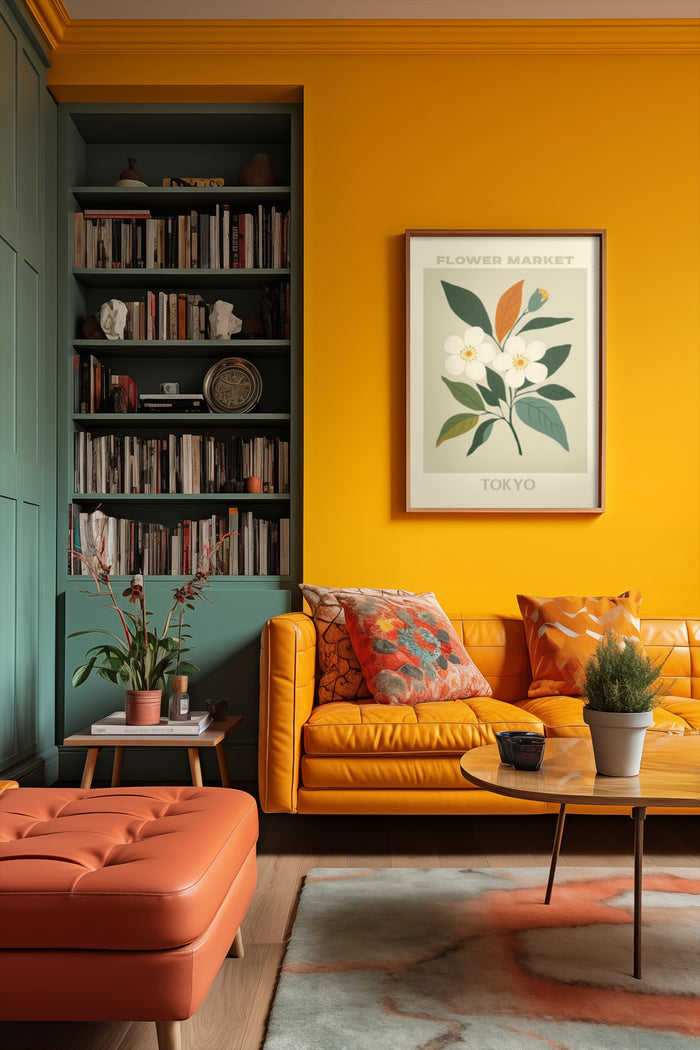 Contemporary living room with a vibrant Tokyo Flower Market poster, orange leather sofa, and stylish home accessories