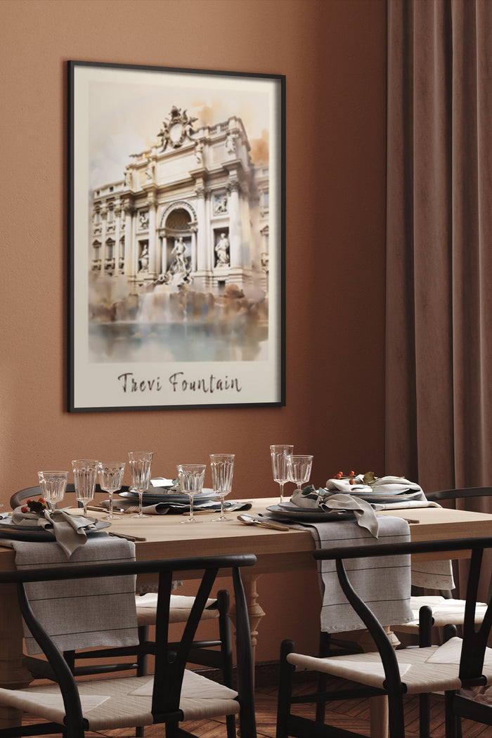 Trevi Fountain artistic poster on dining room wall