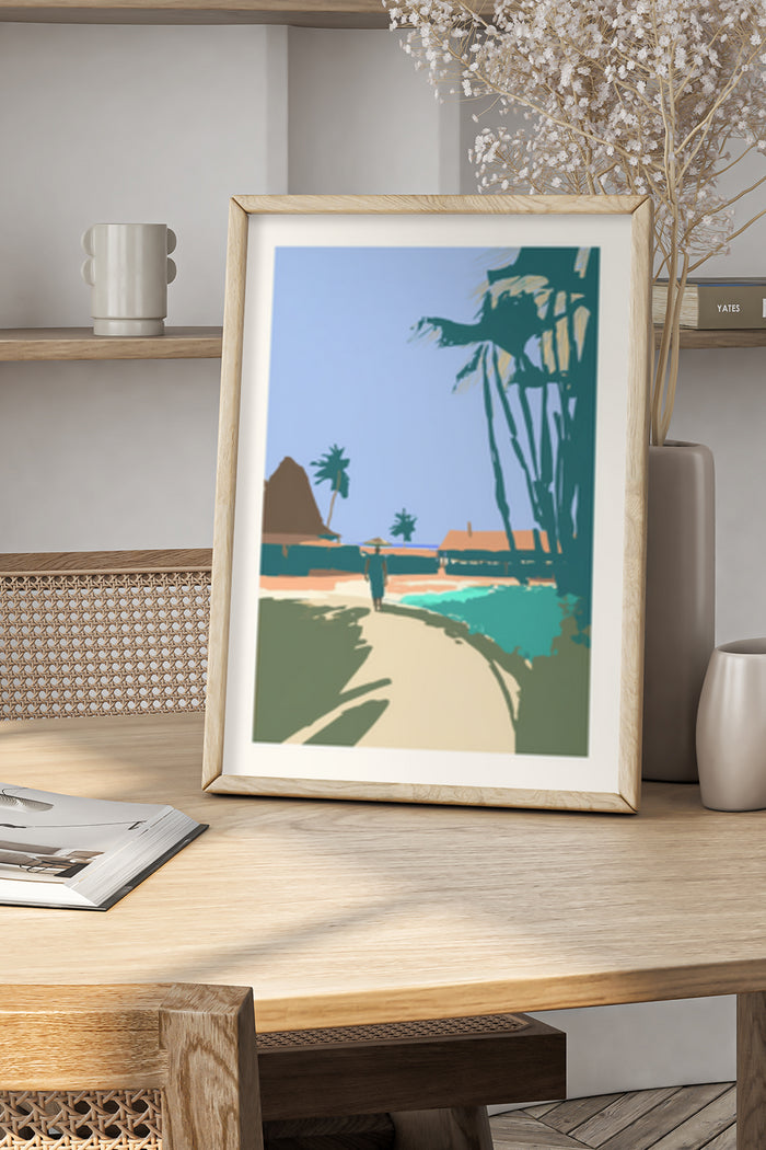 Minimalist tropical beach scene poster in wooden frame on home interior shelf